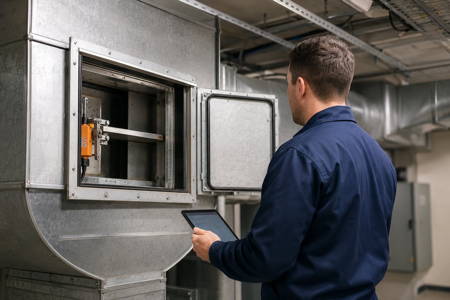 Fire damper engineer inspecting an accessible damper and recording findings on a tablet